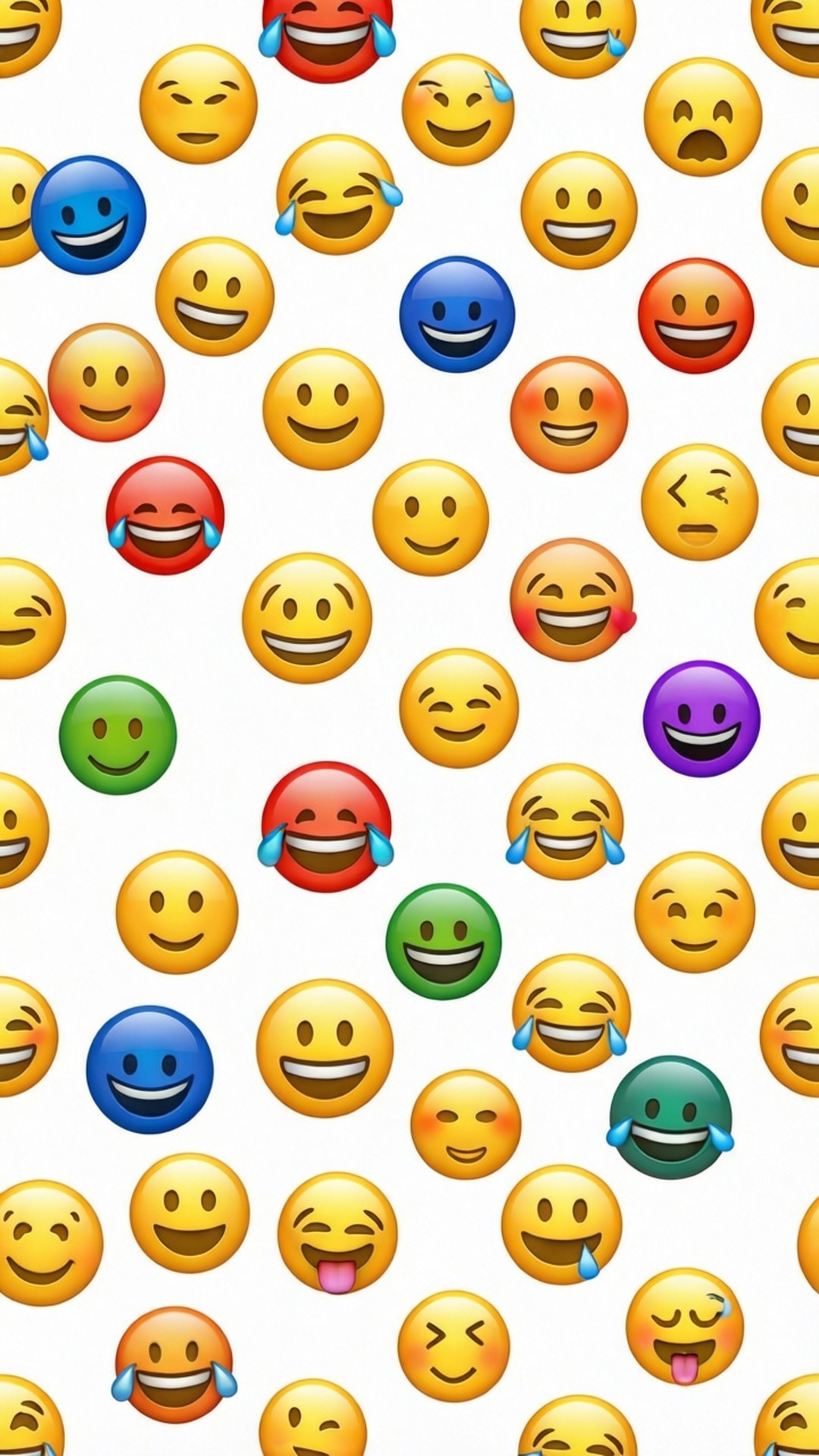 Smiley Emoji Pattern 壁紙 — 一個充滿活力的圖案，由色彩繽紛的表情符號臉孔（大笑、眨眼、微笑）散落在白色背景上組成。