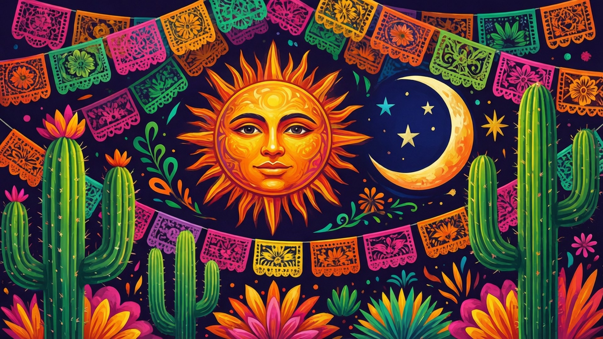 Festive Mexican Folk Art 壁紙 — 色彩繽紛的 papel picado 橫幅框住微笑的太陽和彎月，周圍是色彩繽紛的仙人掌和沙漠花朵。
