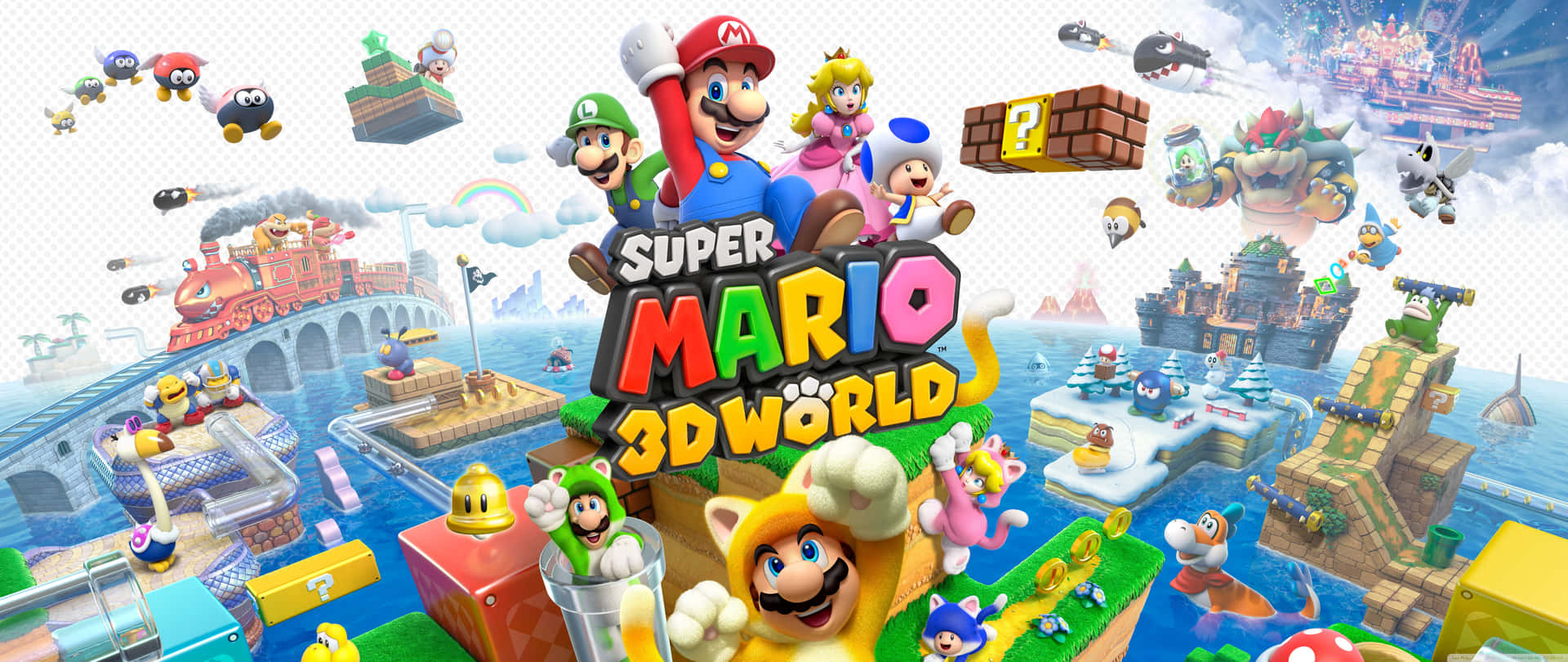 Super Mario 3D World 遊戲封面，角色們在浮空島嶼和城堡上。 — 超級瑪利歐 3D 壁紙
