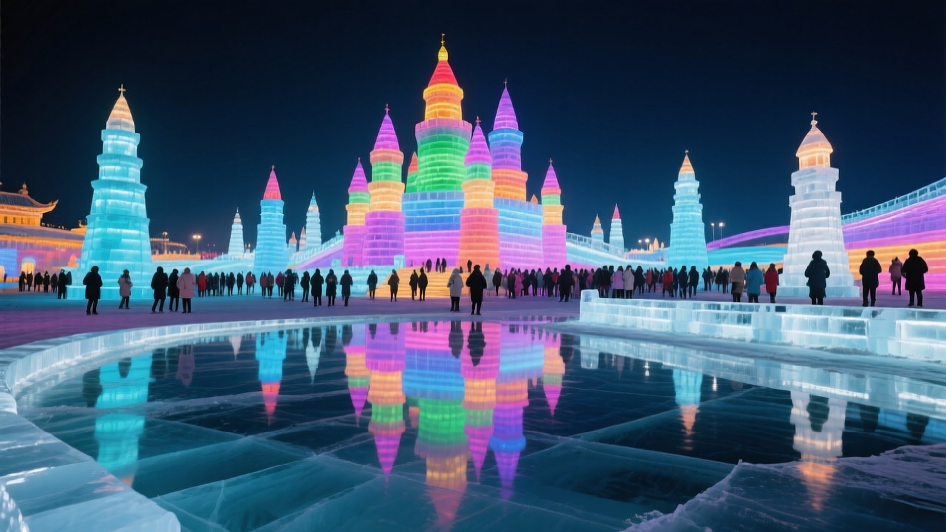 Ice World Castle 壁紙 — 色彩繽紛的彩虹燈光冰城堡倒映在結冰的池塘中，剪影般的遊客在黑暗的天空下欣賞冬季奇觀。