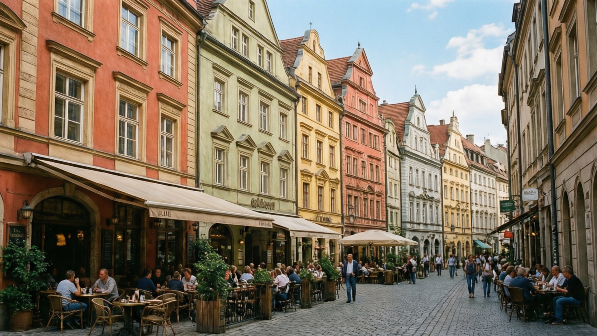 Gärtnerplatz Vibe 壁紙 — 色彩繽紛的粉彩歷史建築排列在鵝卵石街道上，戶外咖啡館的顧客在部分多雲的天空下熙熙攘攘。