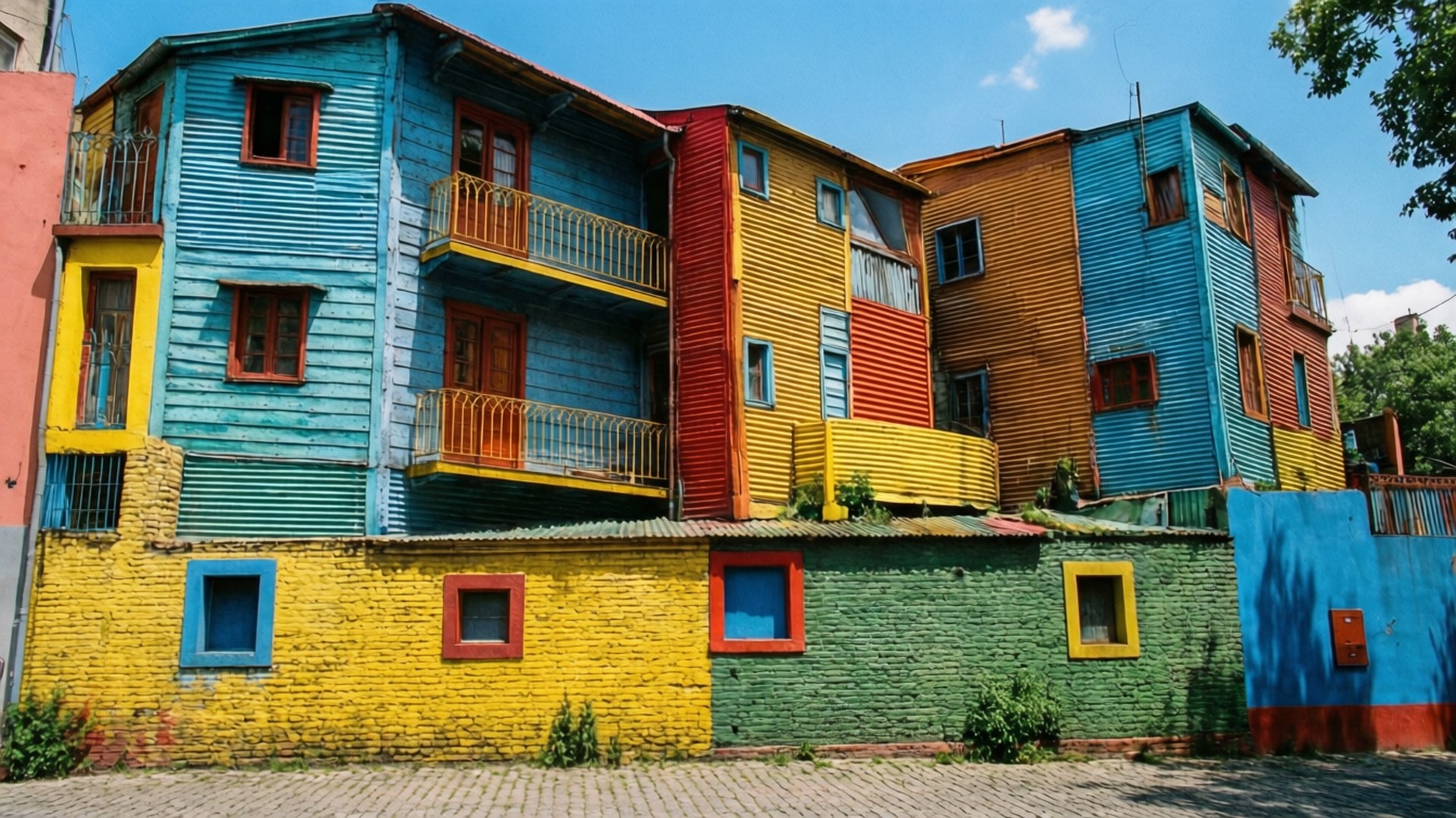 La Boca Colors 壁紙 — 色彩繽紛的木屋帶有陽台，在晴朗的藍天下並排而立。