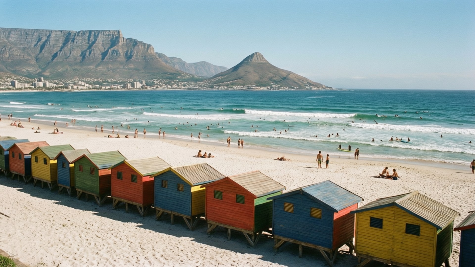 Muizenberg Beach Huts 壁紙 — 色彩繽紛的木製海灘小屋排列在陽光明媚的沙灘上，碧綠的海浪和遠處的桌山在清澈的藍天下。
