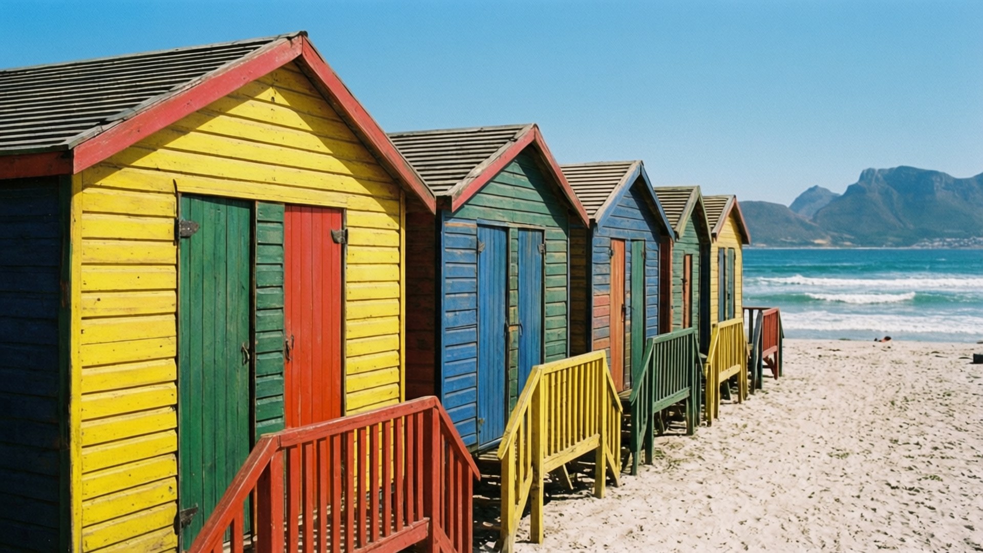 Muizenberg Beach Huts 壁紙 — 色彩繽紛的木製沙灘小屋沿著沙灘排列，海洋波浪和遠處山脈在清澈藍天下。