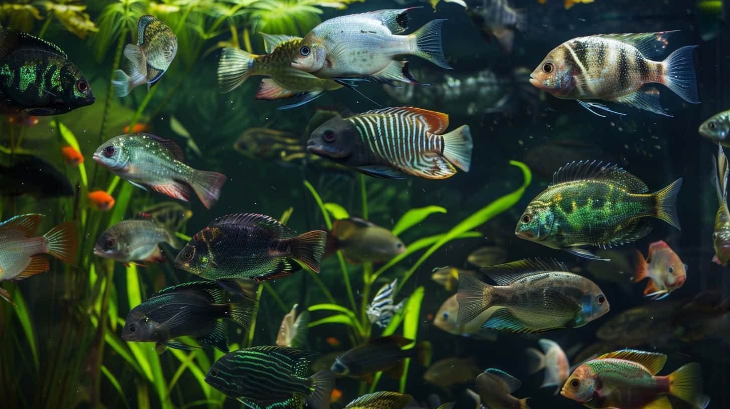  壁紙 — 色彩繽紛的熱帶魚在清澈的水底場景中，優雅地在茂盛的綠色水生植物間游動。