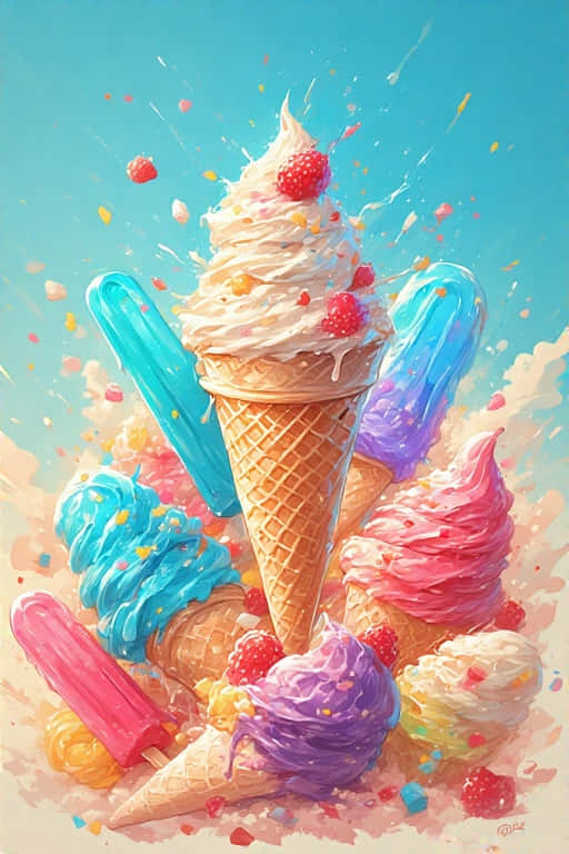 色彩繽紛的甜筒和冰棒帶著糖粒和覆盆子在歡樂的夏日場景中飛舞。 — 4K 壁紙