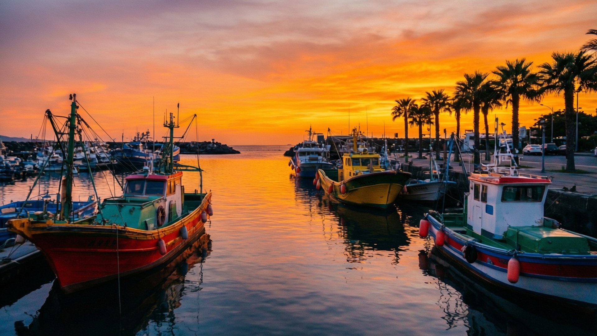 Seogwipo Sunset Harbor 壁紙 — 色彩繽紛的漁船在平靜的港灣水面上停泊，熾熱的橙色夕陽染紅了天空，並倒映在水面上。