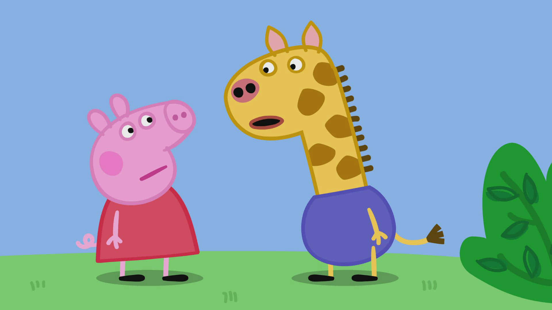  壁紙 — 色彩繽紛卡通風格的Peppa Pig和一隻長頸鹿站在草地上，頭頂是晴朗的藍天，附近有綠色灌木叢。
