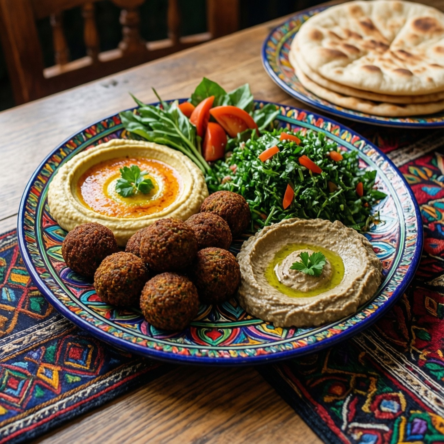Syrian Feast 壁紙 — 一個色彩繽紛的圖案盤子上盛裝著鷹嘴豆泥、炸豆丸子、塔布勒沙拉和皮塔餅，放在木桌上，搭配鮮豔的紡織品。