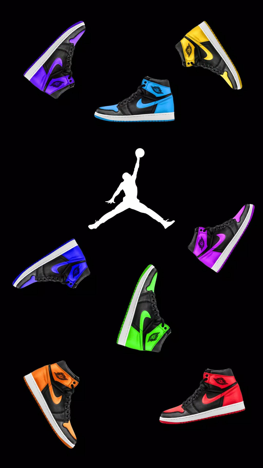 七雙彩色 Jordan 1 運動鞋圍繞黑色背景上的白色 Jumpman 標誌排列。 — Jordan Logo 壁紙
