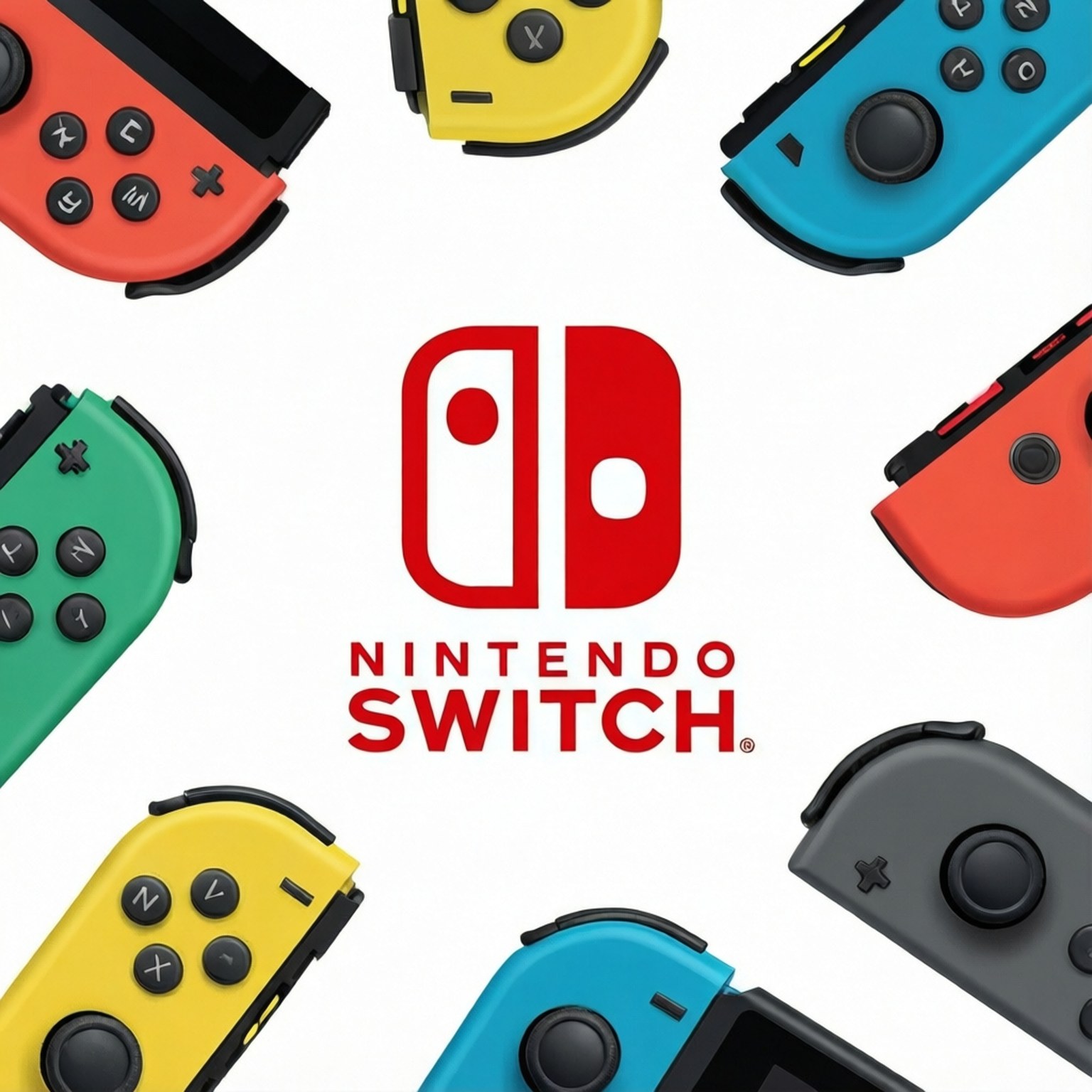 Nintendo Switch Minimal 壁紙 — 色彩鮮豔的 Nintendo Switch Joy-Con 控制器（紅、黃、藍、綠、灰）圍繞著紅色 Nintendo Switch 標誌，背景為純白色。