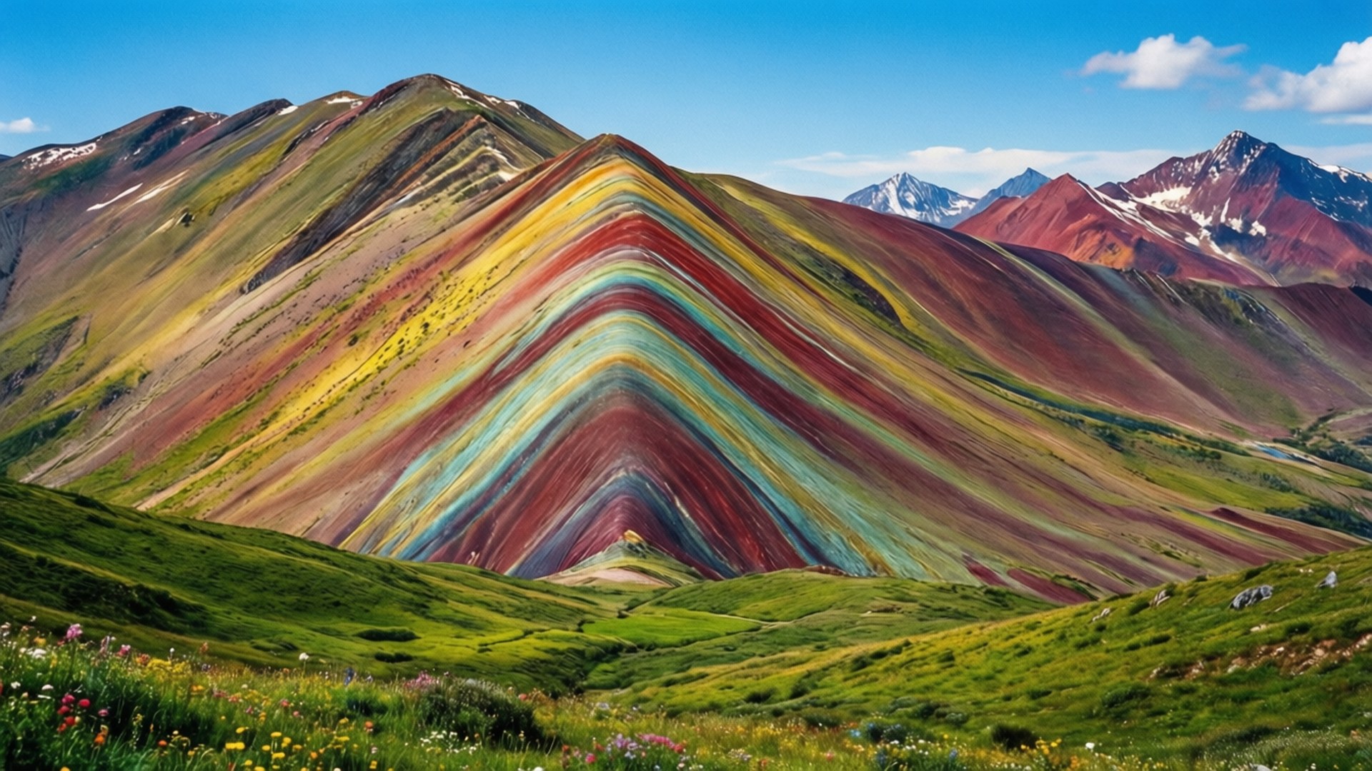 Vinicunca Rainbow Mountain 壁紙 — 色彩鮮豔的條紋彩虹山在晴朗的藍天下聳立，遠處有白雪覆蓋的山峰。