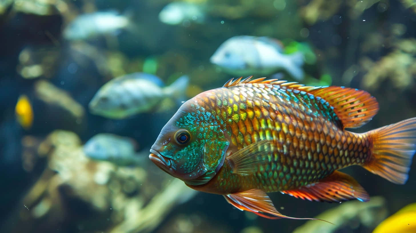  壁紙 — 一條色彩鮮豔、帶有虹彩的慈鯛魚，在柔和模糊的水族箱場景中優雅地游動。