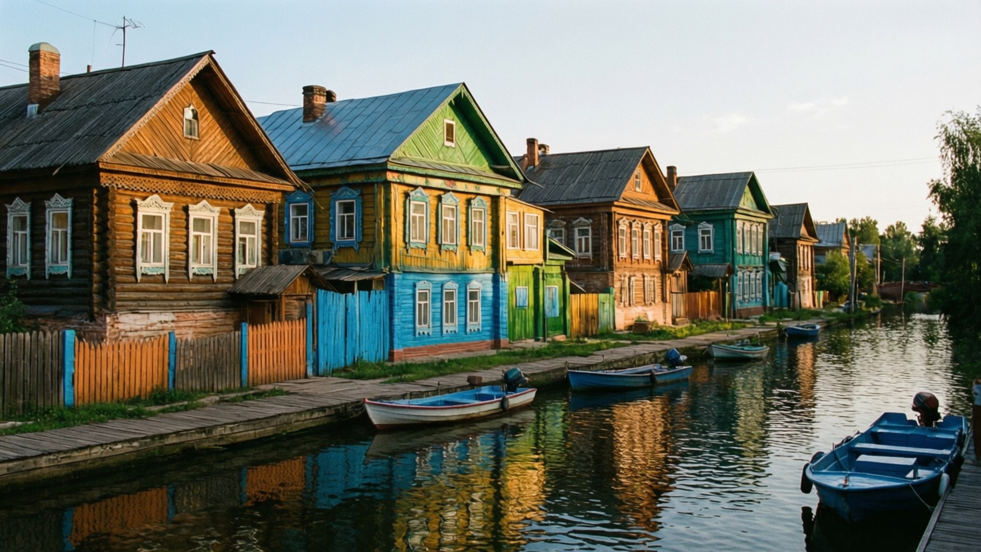 Canal Colorful Houses 壁紙 — 色彩繽紛的木屋沿著平靜的運河排列，倒映出它們的色調，小船在附近漂浮。