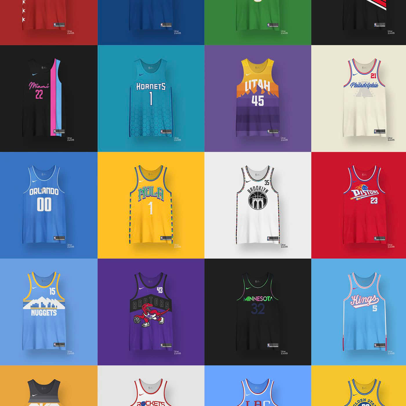 以網格形式展示的NBA籃球球衣系列，附有球隊名稱和球員號碼。 — Jordan Logo 壁紙