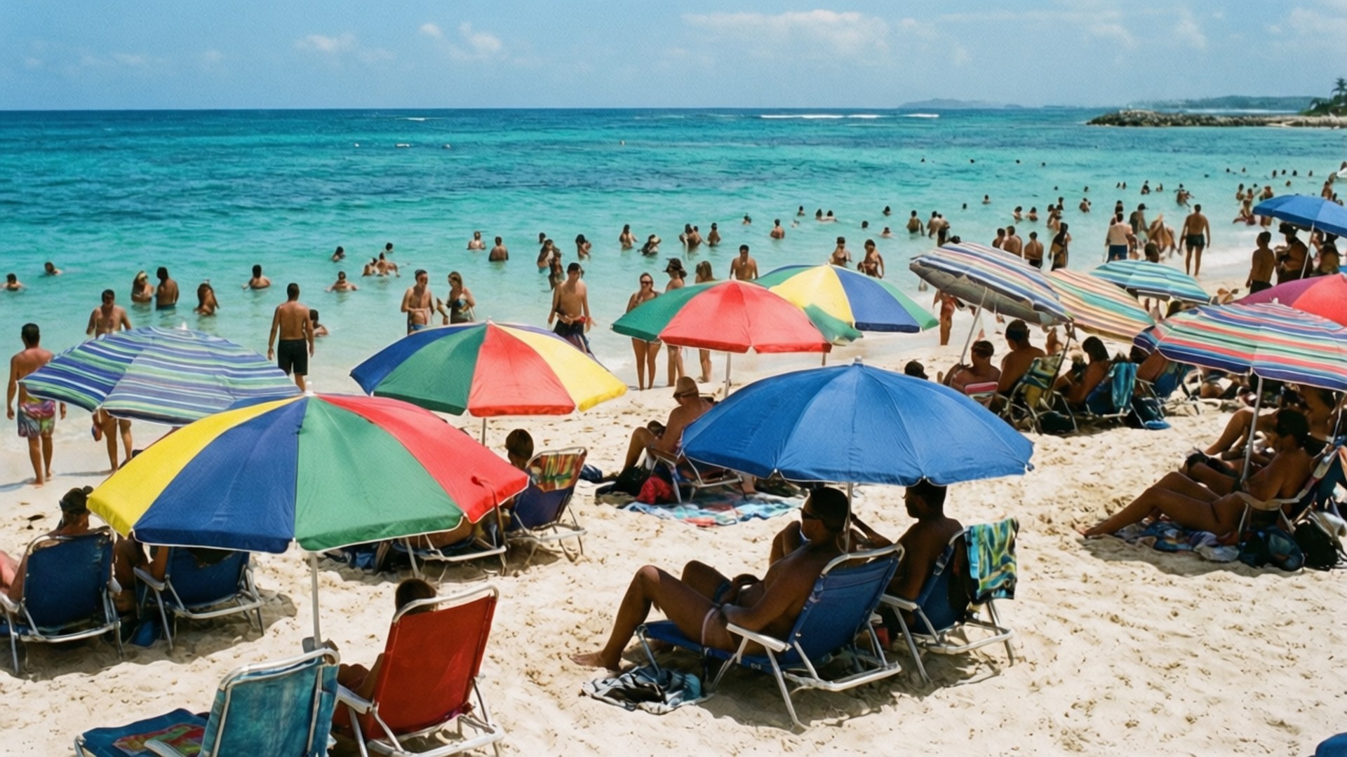 Lively Beach Day 壁紙 — 色彩繽紛的沙灘傘點綴著擁擠的沙灘，人們在躺椅上放鬆，而碧綠的海水中擠滿了游泳者，頭頂是明亮的藍天。