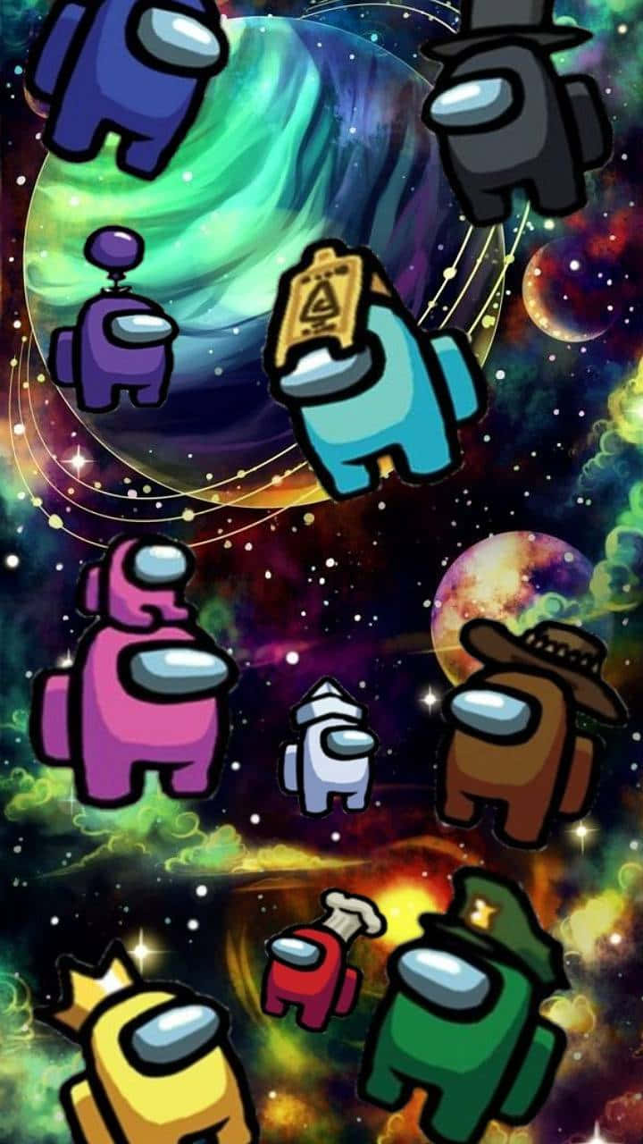 Among Us角色漂浮在色彩繽紛的太空，有行星和星星。 — Among US 壁紙