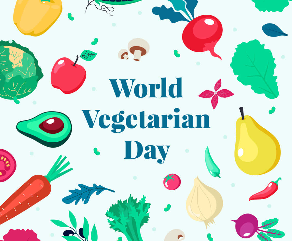 壁紙 — 色彩繽紛的插圖，描繪各種新鮮水果和蔬菜圍繞著文字 World Vegetarian Day。
