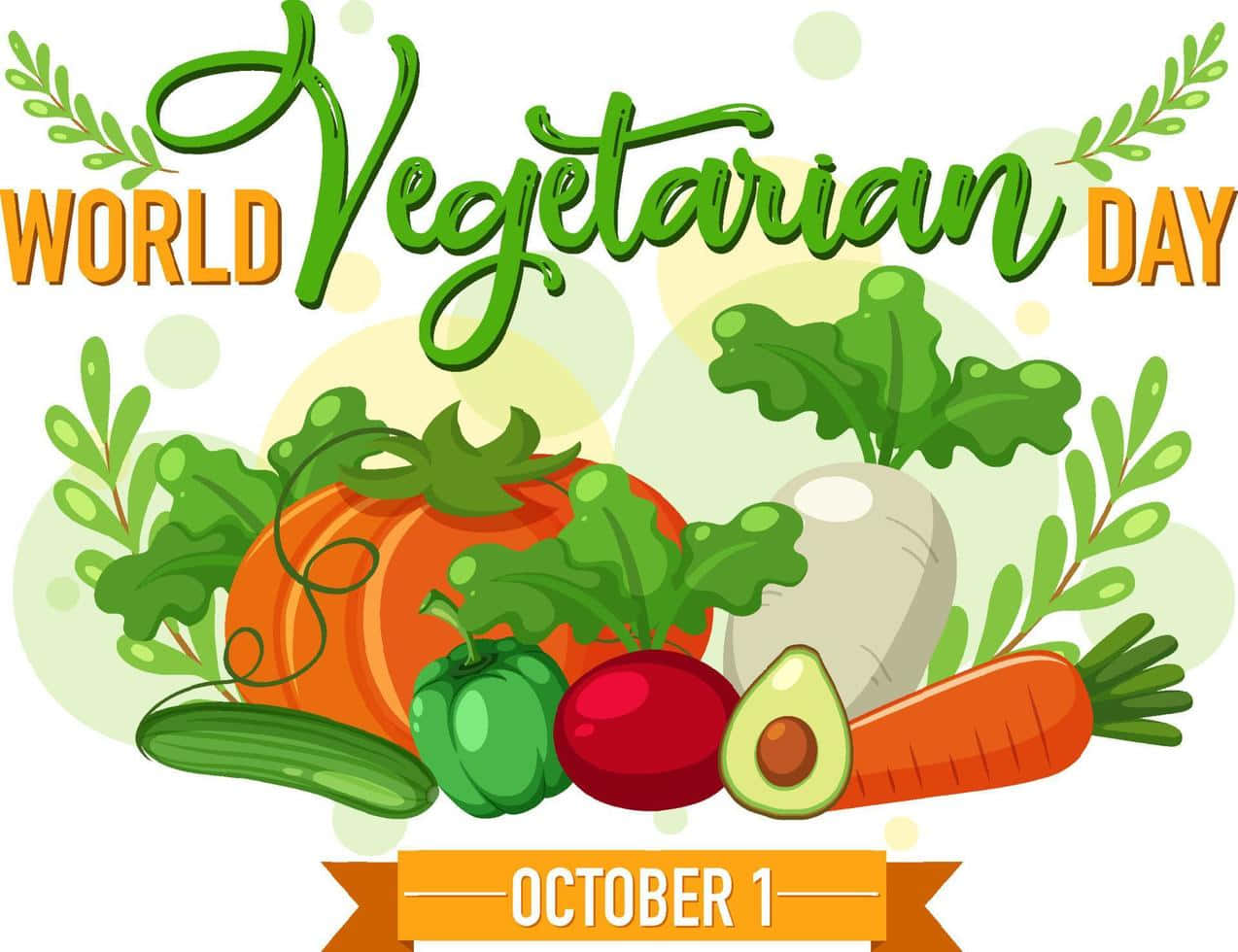  壁紙 — 色彩繽紛的卡通插圖，描繪新鮮蔬菜慶祝10月1日世界素食日。