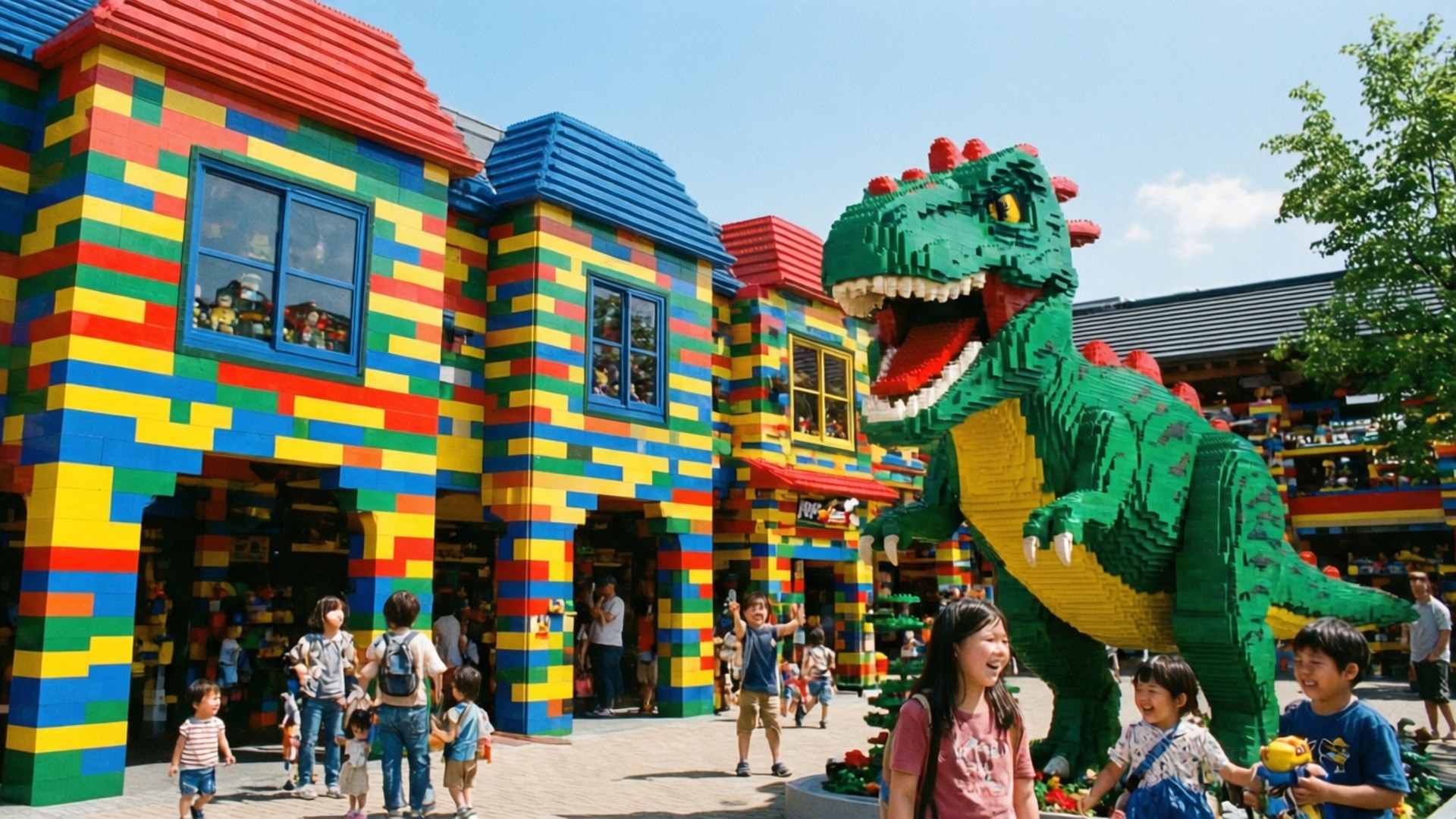 Legoland Adventure 壁紙 — 色彩繽紛的LEGO積木建築和一隻巨大的綠色LEGO恐龍，在晴朗的藍天下吸引著微笑的家庭。