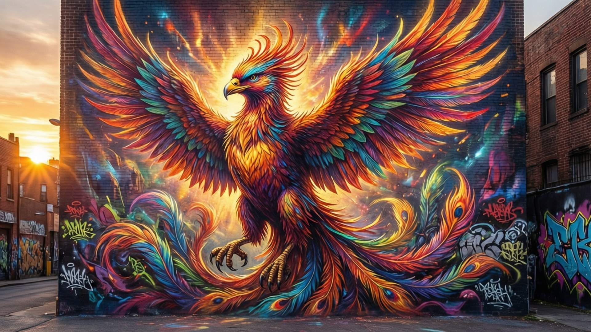 Phoenix Mural Sunset 壁紙 — 一隻色彩繽紛、帶有彩虹羽毛的鳳凰從磚牆壁畫中迸發出來，金色的陽光在日落時照亮了它的翅膀。