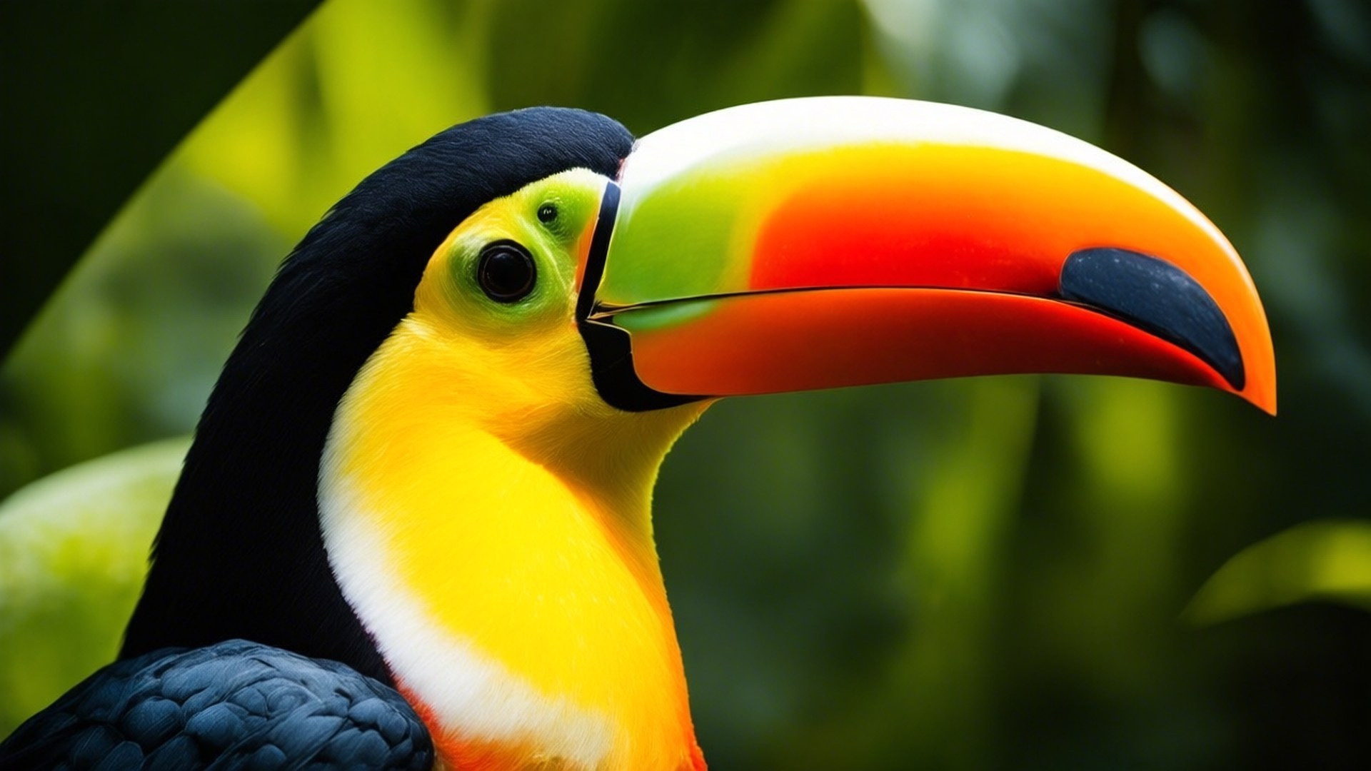 Toucan Portrait 壁紙 — 一隻色彩鮮豔的巨嘴鳥特寫，擁有彩虹色的喙和黑黃相間的羽毛，背景是茂密的綠色叢林。