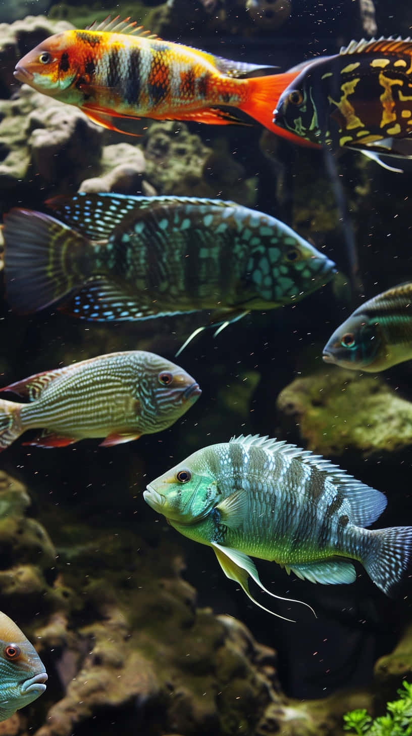  壁紙 — 色彩鮮豔的慈鯛魚帶有醒目圖案，在岩石水族裝飾間優雅游動。