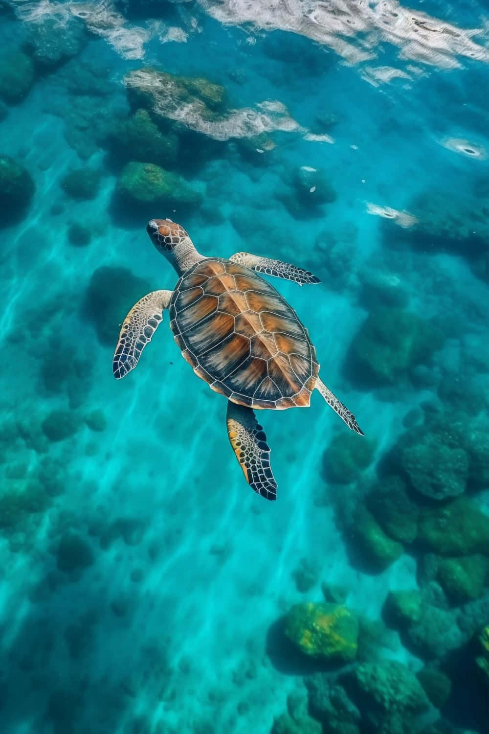  壁紙 — 一隻海龜在岩石海底上方，優雅地滑過清澈碧綠的海水。