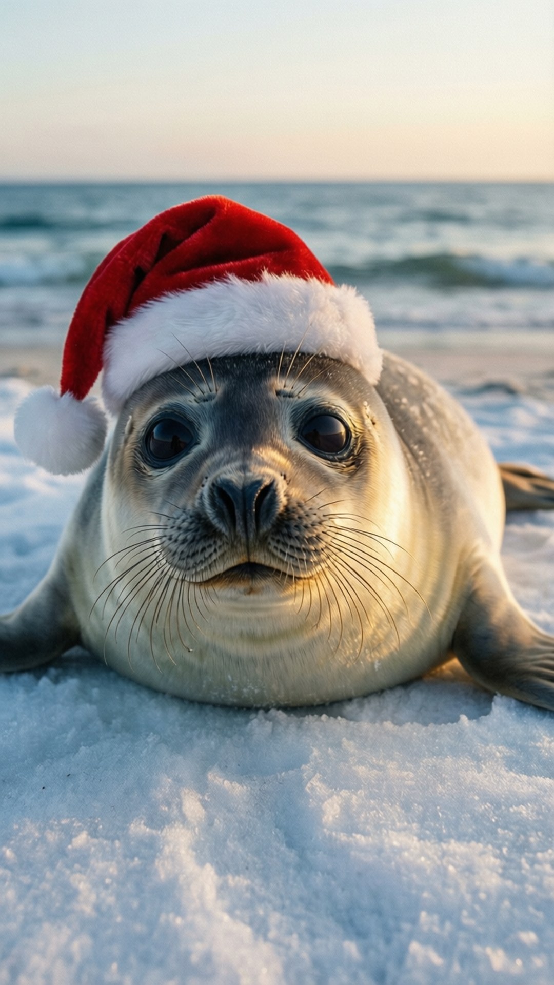 Seal in Santa Hat 壁紙 — 一隻戴著紅色聖誕帽的海豹在雪灘上休息，背景是夕陽下的海浪。