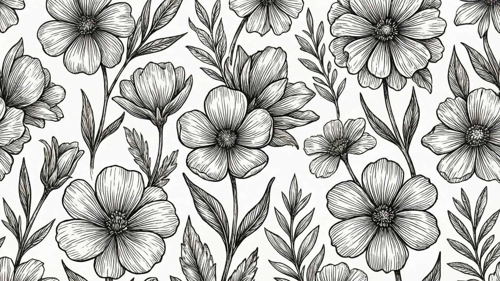 Canva 桌布 壁紙 — 一個無縫的黑白花卉圖案，帶有白色背景上盛開花朵和葉子的詳細線條藝術。