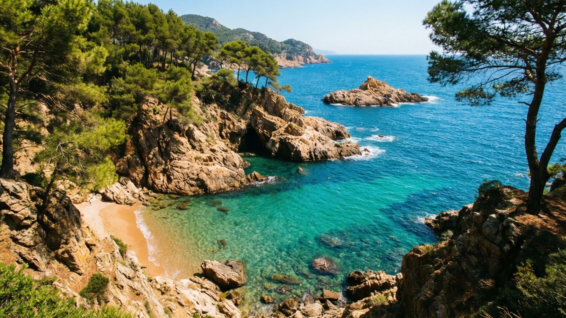 Costa Brava Hidden Cove 壁紙 — 一個僻靜的小海灣，碧綠的海水拍打著金色的沙灘，隱藏在長滿松樹的崎嶇懸崖之間。