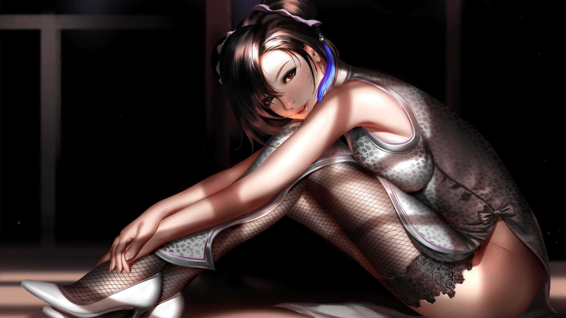 動漫女性穿著金屬裙和魚網絲襪坐在昏暗房間。 — 最終幻想7 壁紙