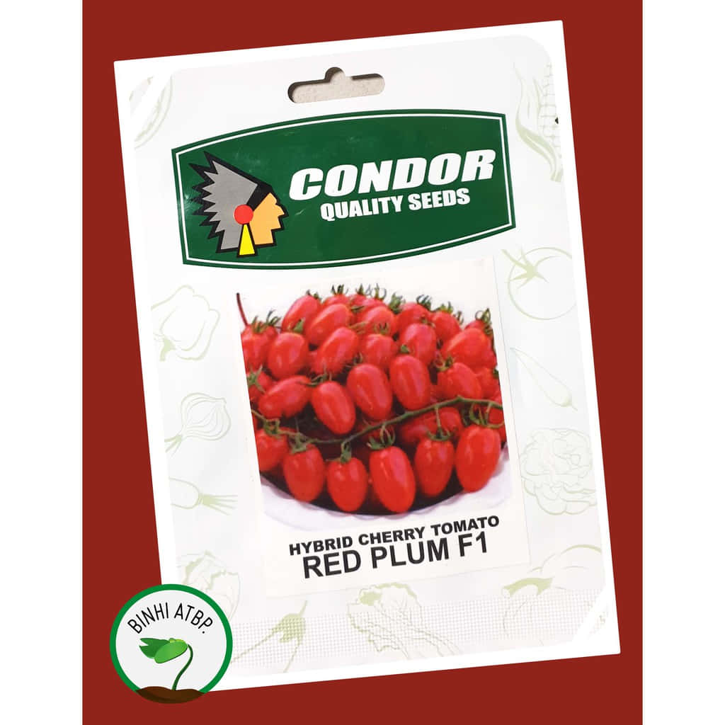 Red Plum 桌布 壁紙 — Condor Quality Seeds 的種子包裝，白色背景上帶有鮮紅色的櫻桃番茄串，並有微妙的蔬菜輪廓。