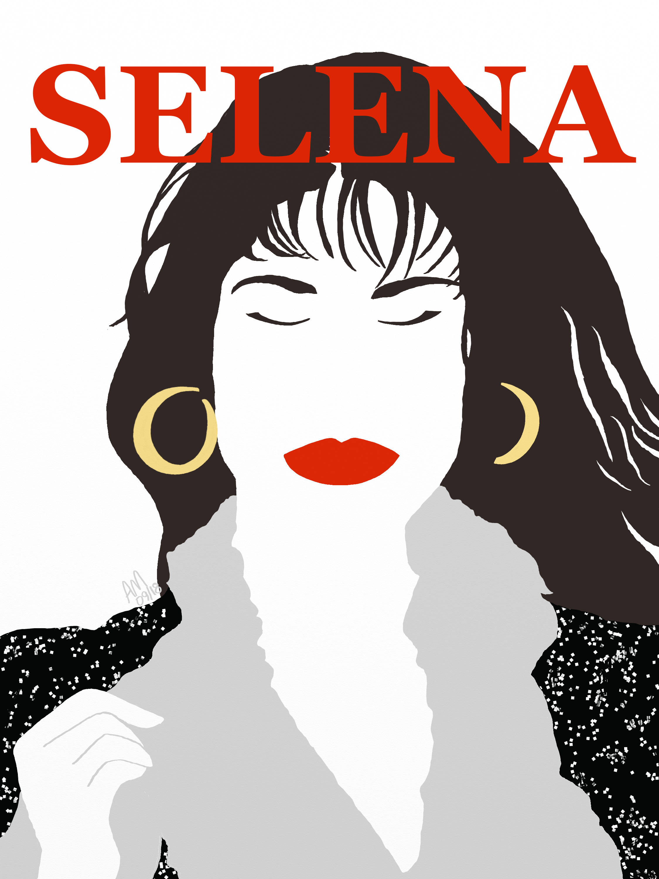 Selena Quintanilla 桌布 壁紙 — Selena 的大膽圖像肖像，閉上眼睛，紅唇，戴著金色耳環，背景是純白色。