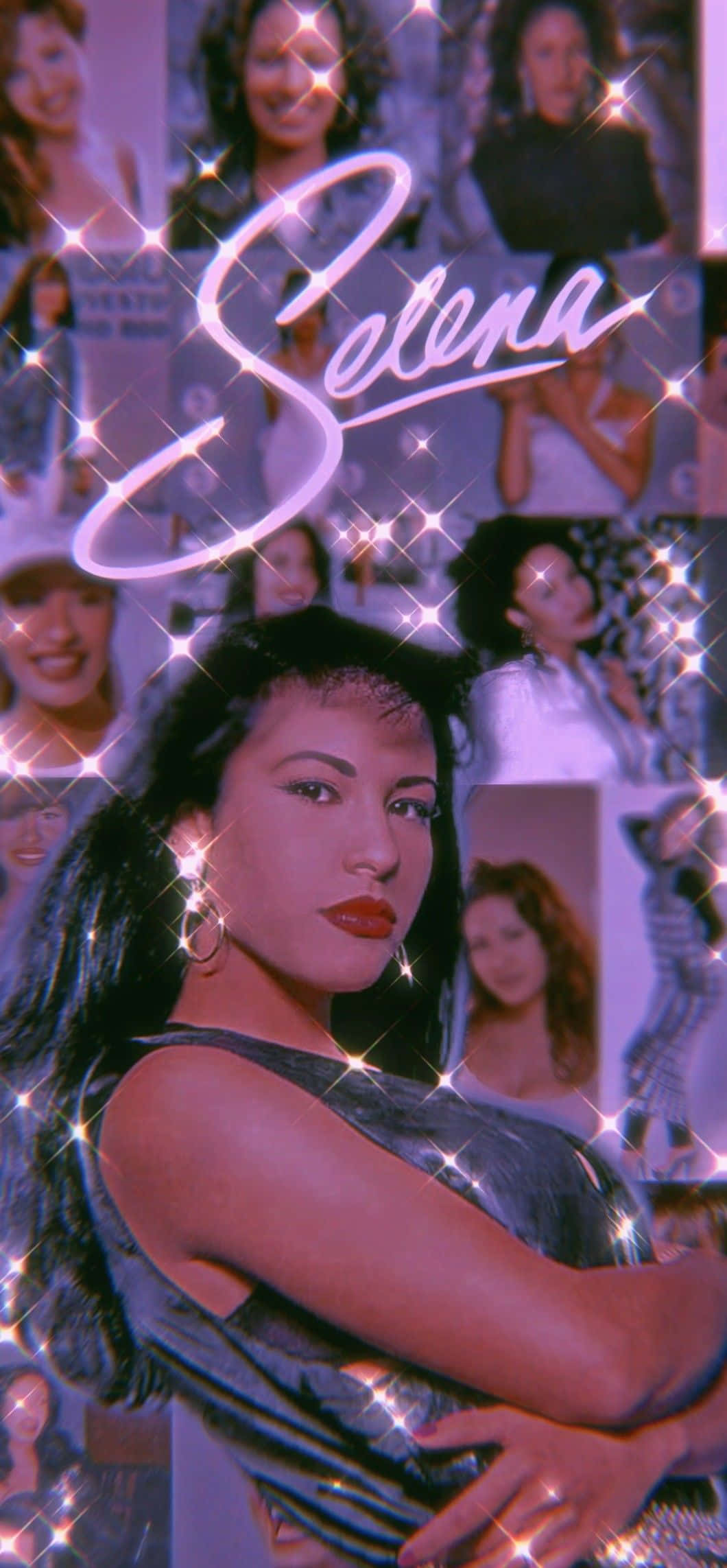 Selena Quintanilla iPhone 桌布 壁紙 — Selena 的迷人肖像，帶有閃閃發光的紫色亮粉覆蓋層和背後她微笑照片的拼貼畫。