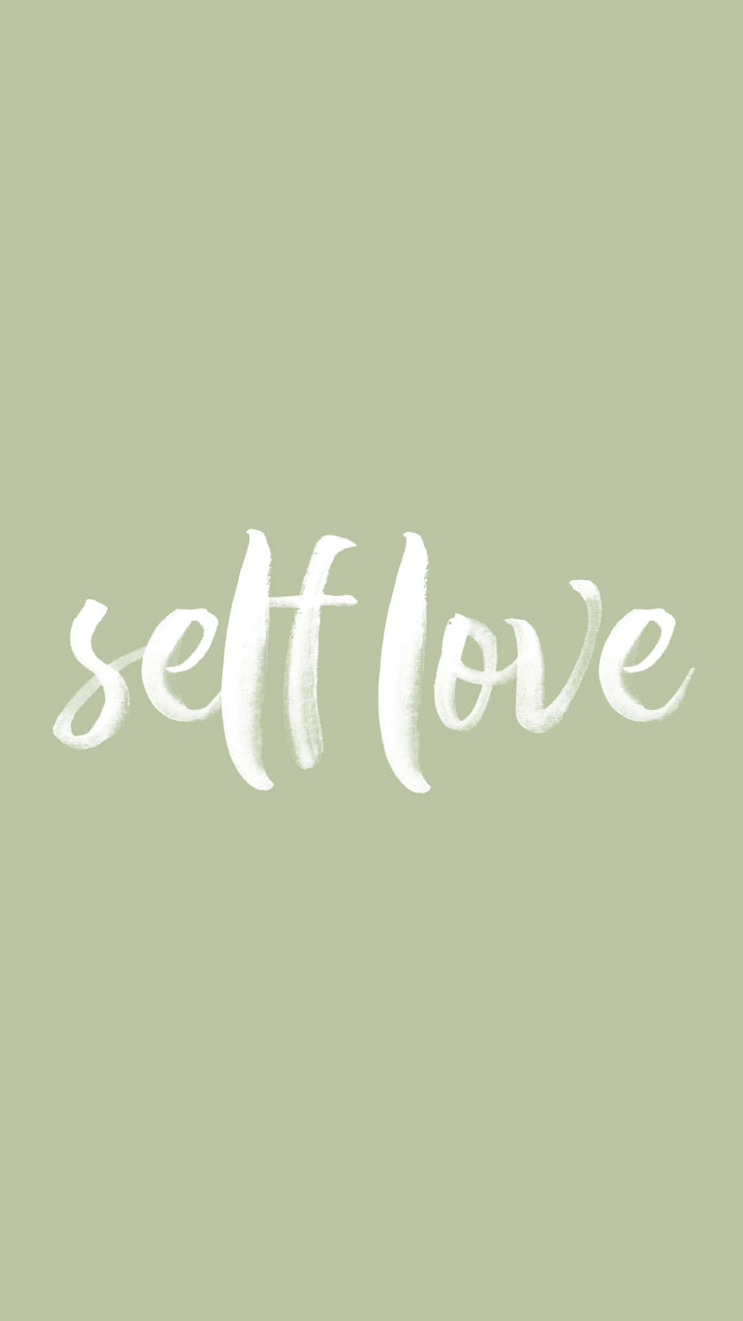 Aesthetic Sage Green 桌布 壁紙 — 「self love」這個短語用優雅的白色書法字體寫在柔和的鼠尾草綠色背景中央。