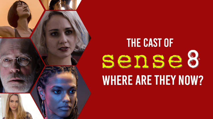 超感8人組 桌布 壁紙 — Sense8 演員的六角形肖像，背景為大膽的紅色，並帶有發光的黃色文字，詢問他們現在在哪裡。