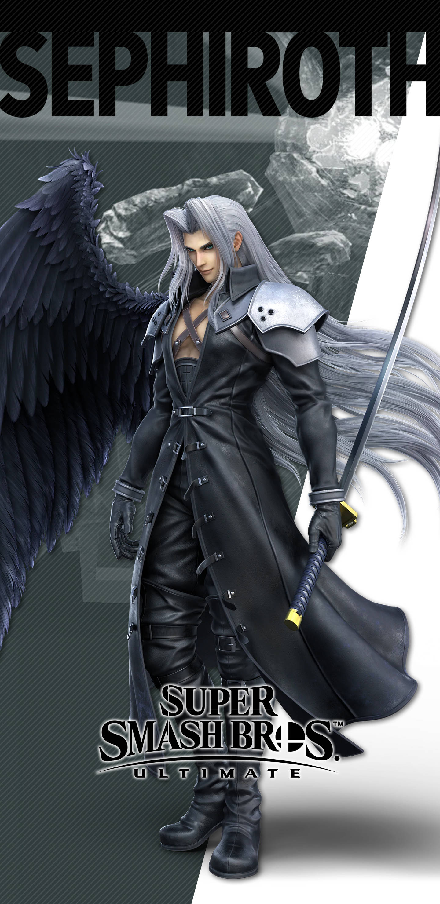 Sephiroth 桌布 壁紙 — Sephiroth 在《任天堂明星大亂鬥 特別版》中，以黑色翅膀和劍，站在破碎的水晶背景前。