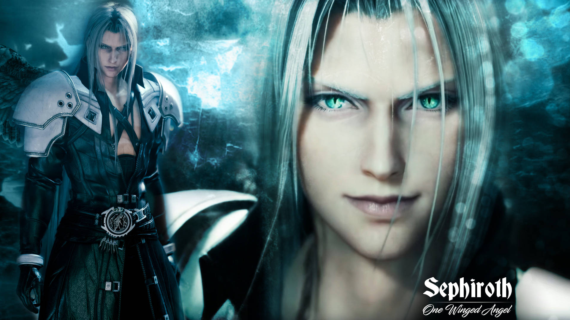 Sephiroth 桌布 壁紙 — Sephiroth 的頭像特寫，擁有發光的綠色眼睛和銀色頭髮，背景是暴風雨般的藍色。