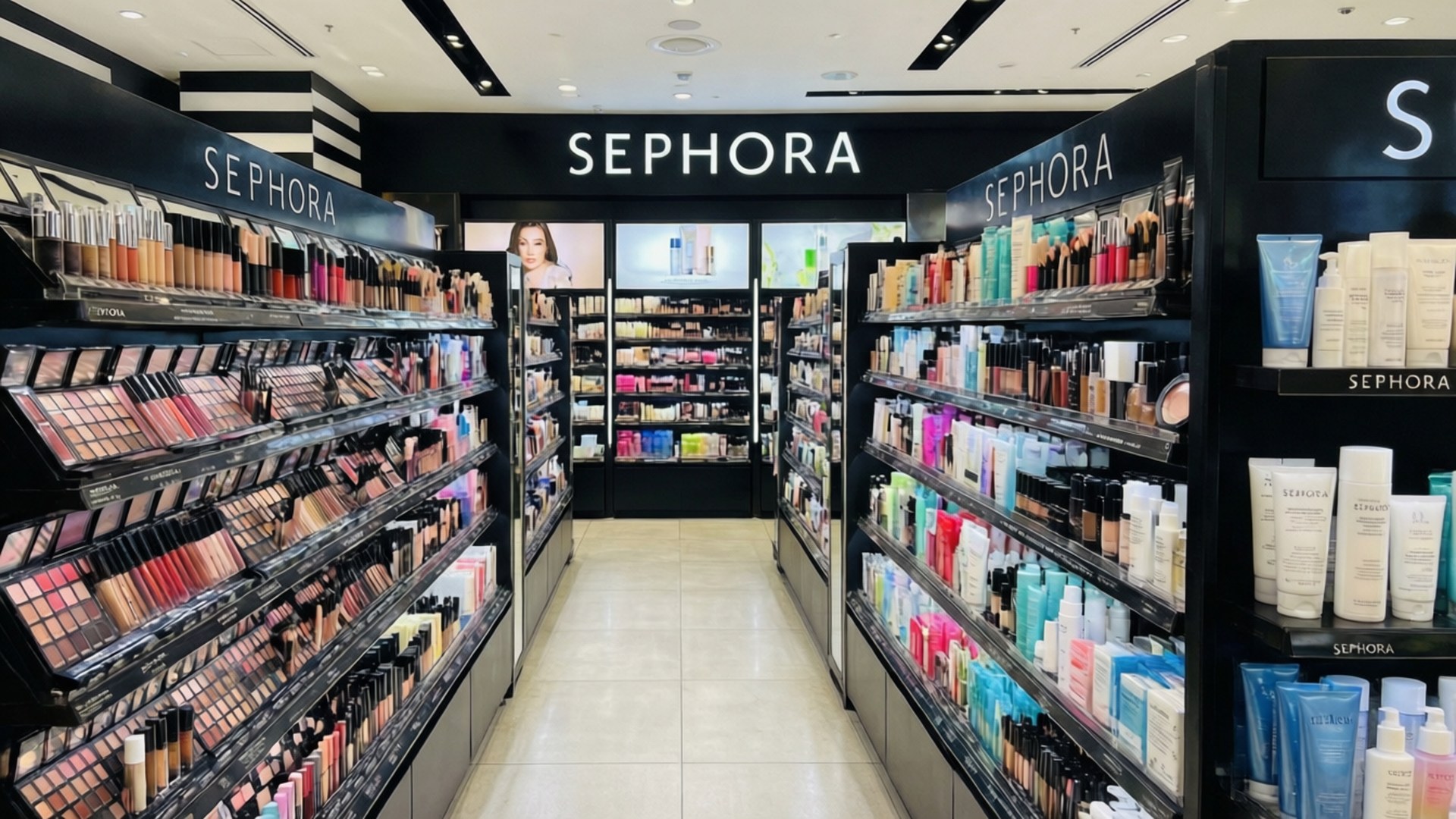 Sephora Store Aisle 壁紙 — 光線明亮的Sephora店內通道，黑色貨架上擺滿色彩繽紛的化妝品和護膚產品。