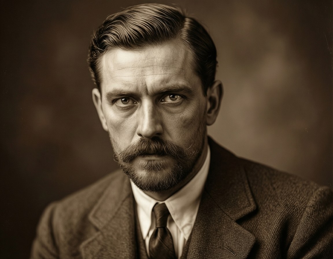 Classic Portrait 壁紙 — 一張棕褐色調的肖像，一位留鬍鬚的嚴肅男子穿著西裝，專注地凝視鏡頭。