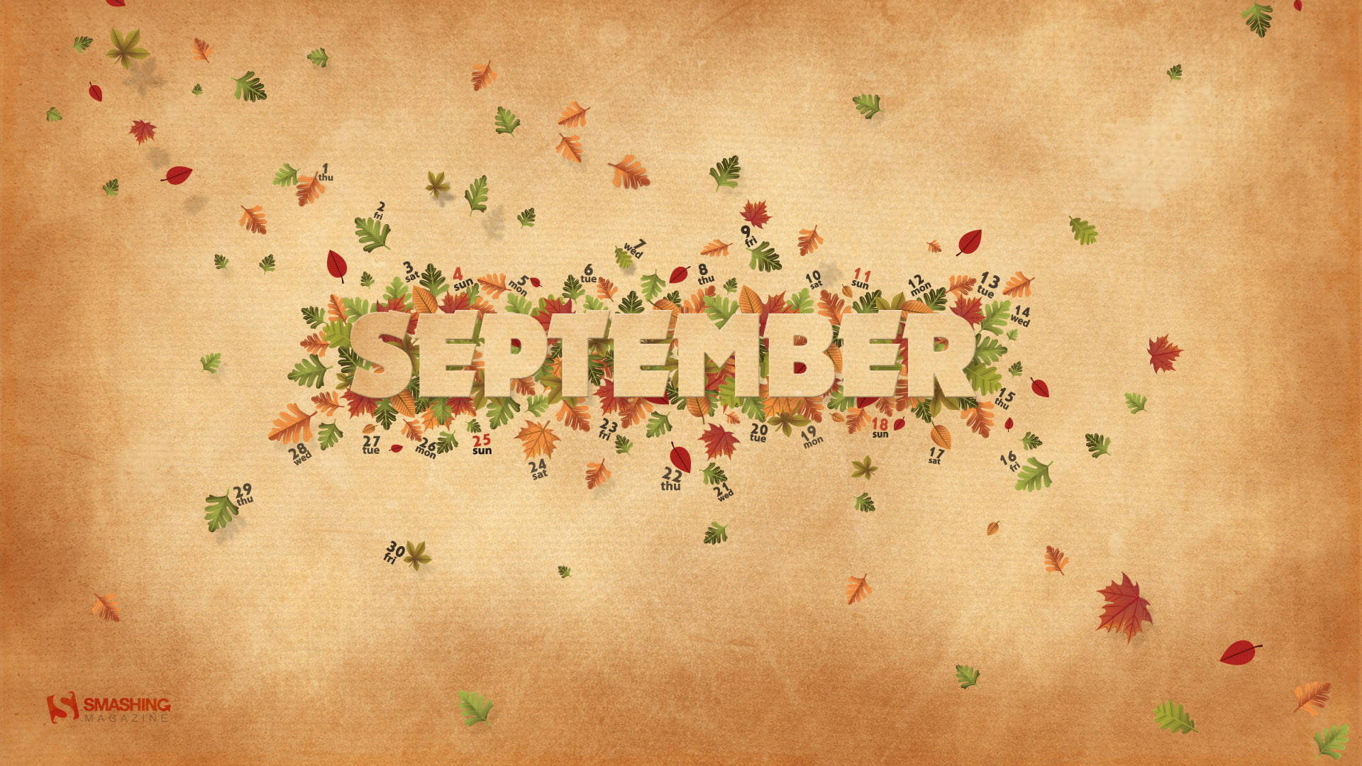 September 桌布 壁紙 — 「September」一詞由散落的秋葉和數字組成，背景為有紋理的米色。