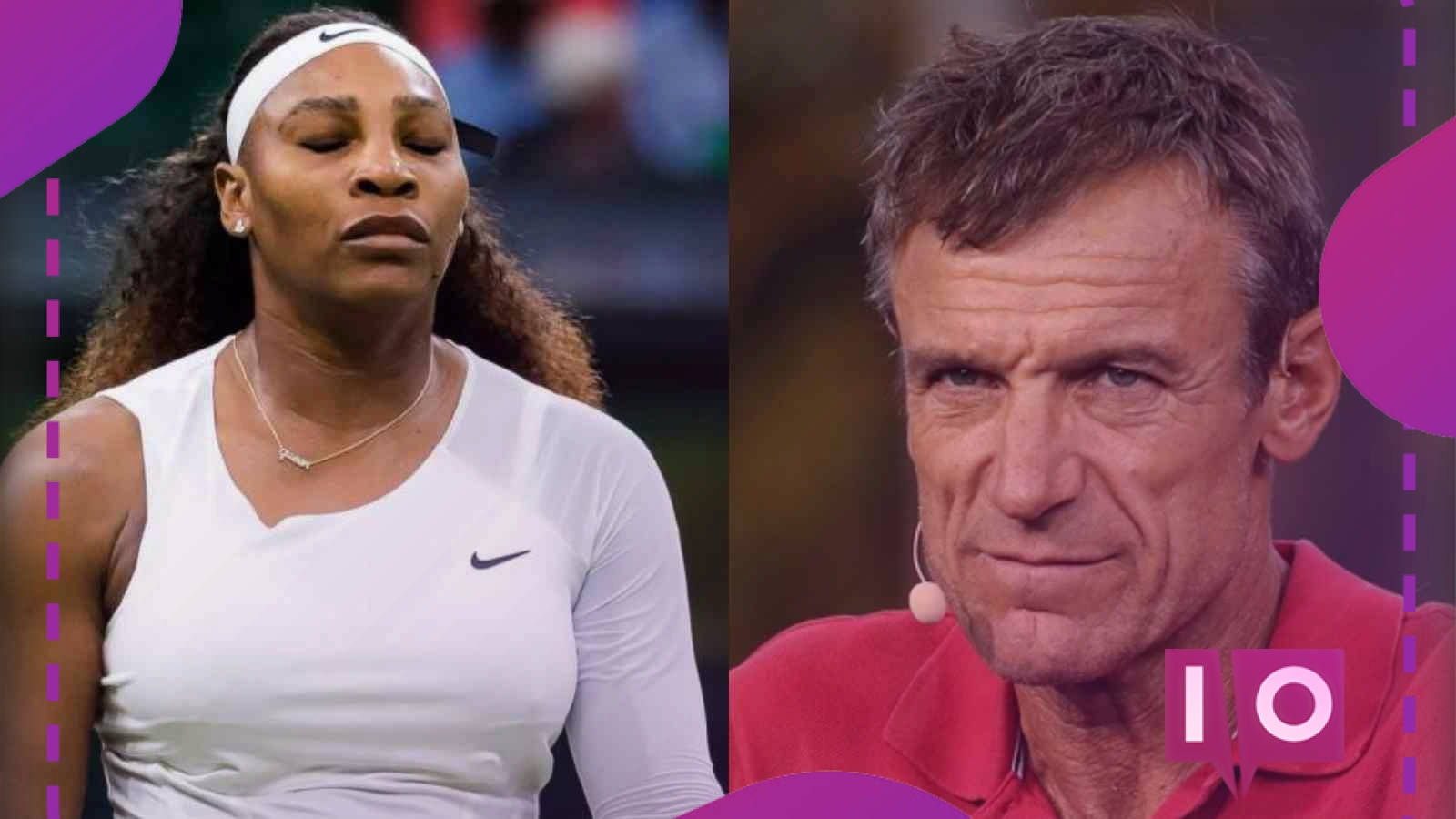 運動 桌布 壁紙 — Serena Williams 身穿白色網球裝備，一名穿紅衫男子手持麥克風，背景為紫色圖形。