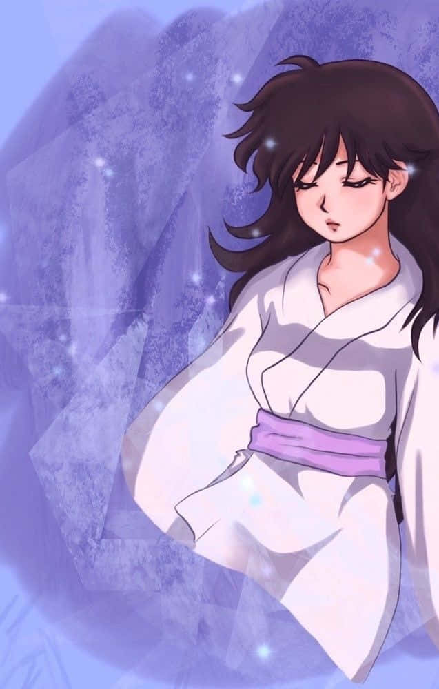 Inuyasha And Rin 桌布 壁紙 — 一位寧靜的動漫女孩穿著白色和服配紫色腰帶，站在發光的紫色水晶背景前。