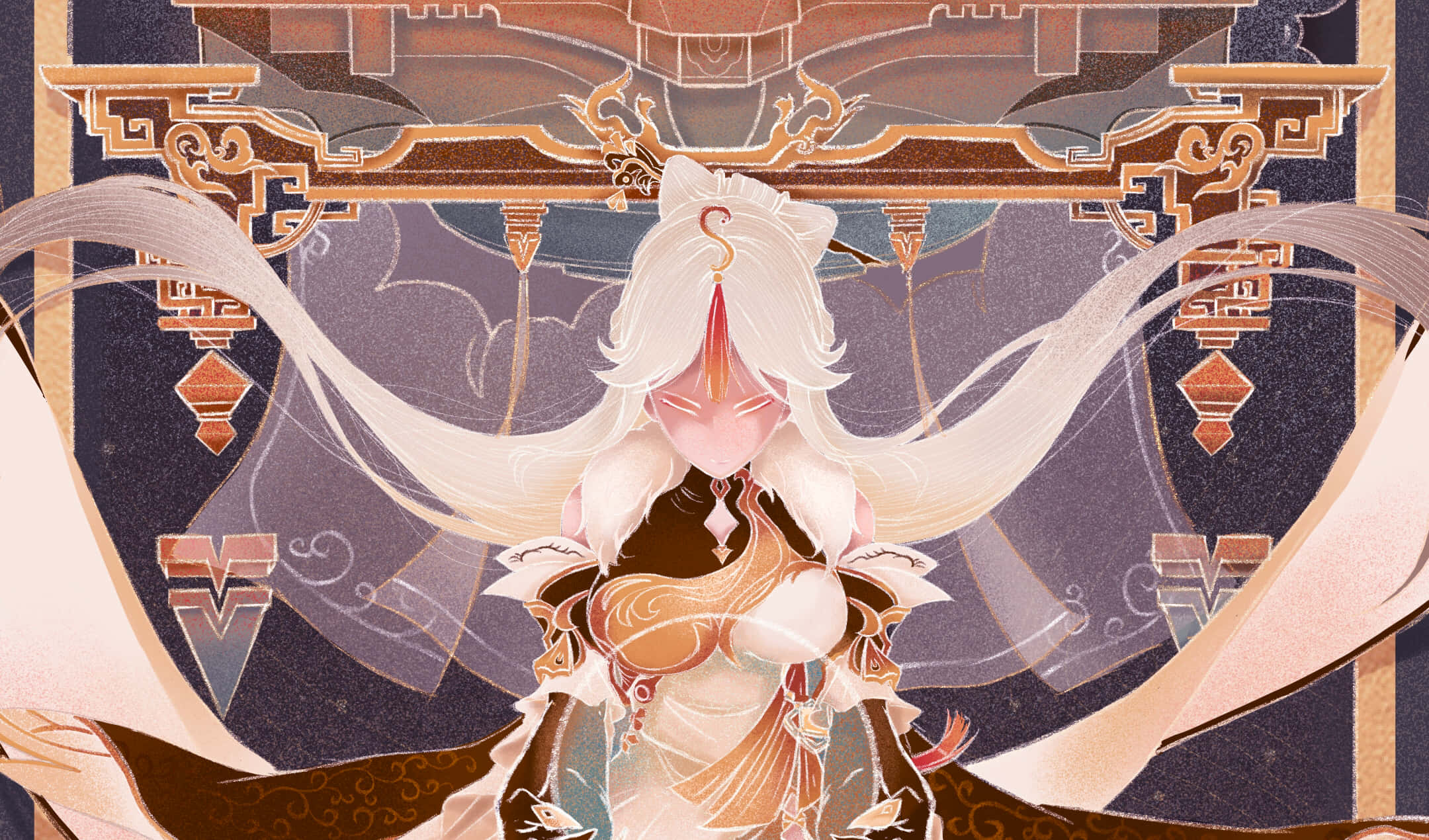 Genshin Impact Ningguang 桌布 壁紙 — 一位寧靜的動漫女孩，擁有飄逸的白髮和華麗的金色盔甲，站在一個精緻的傳統拱門下。