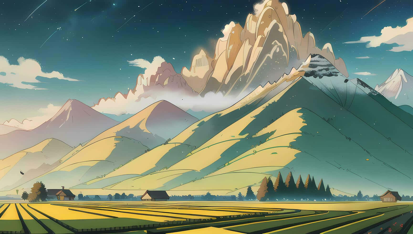 壁紙 — 黃昏時分，星空下連綿起伏的山丘、金色田野和積雪覆蓋的山脈，構成寧靜的動漫風格風景。