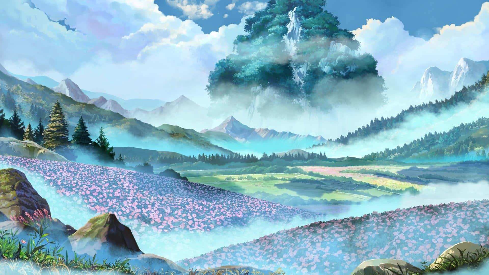  壁紙 — 一個寧靜的動漫風景，有霧氣繚繞的山脈、粉紅色的花田，以及柔和的藍天下的一棵巨樹。