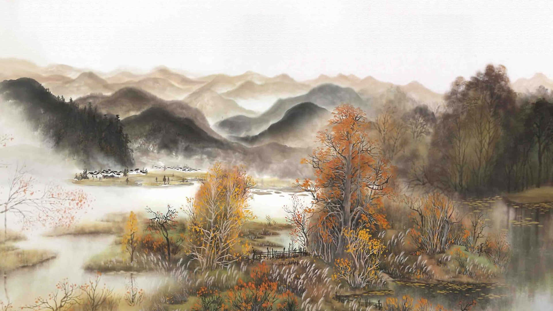  壁紙 — 寧靜的秋日風景，薄霧籠罩的山巒、河流和樹木在柔和日光下呈現溫暖的橙色調。