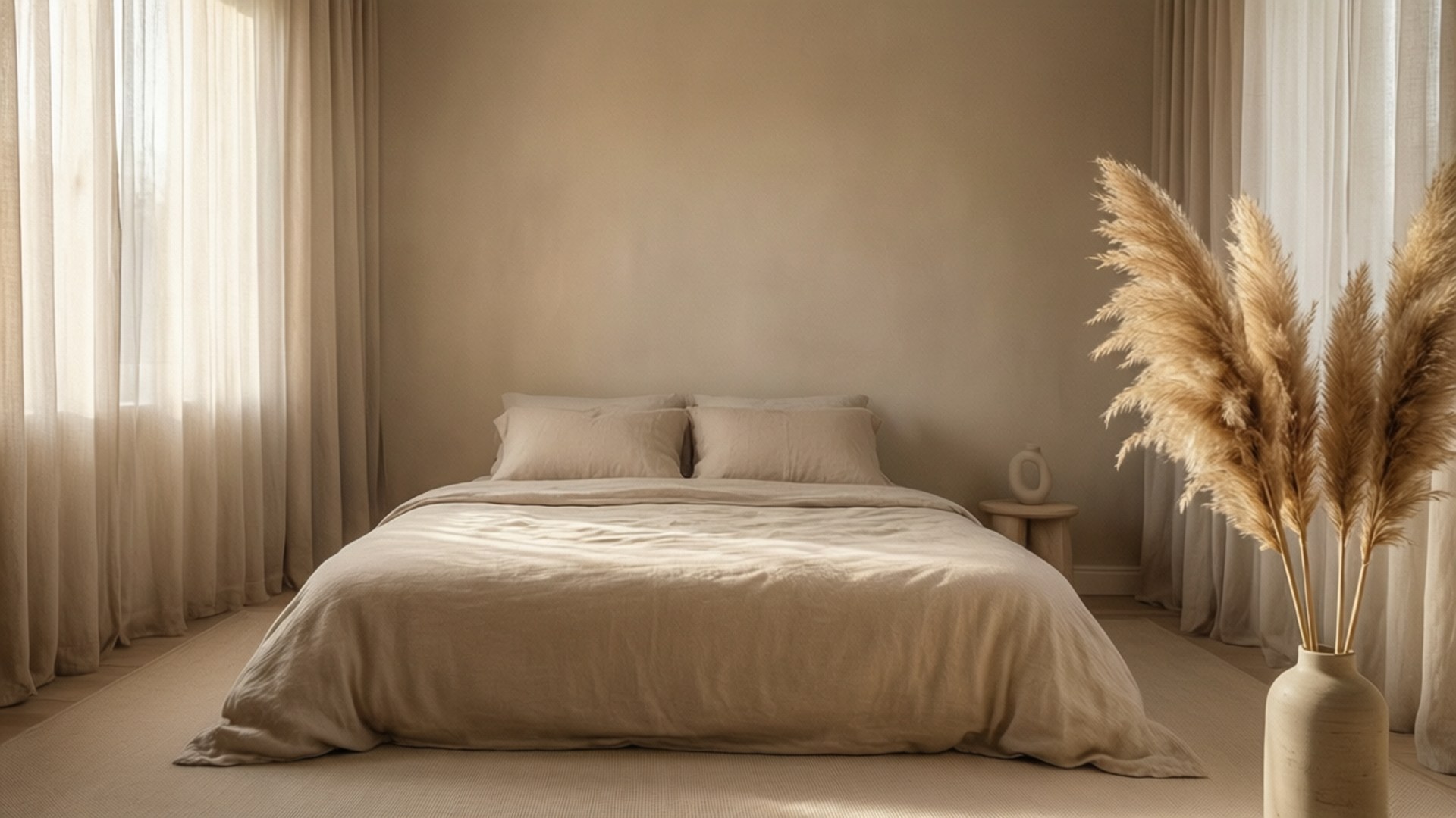 Minimalist Beige Bedroom 壁紙 — 一個寧靜的米色臥室，沐浴在柔和自然光中，整齊的床鋪旁邊有一個花瓶，插著高大的蒲葦。