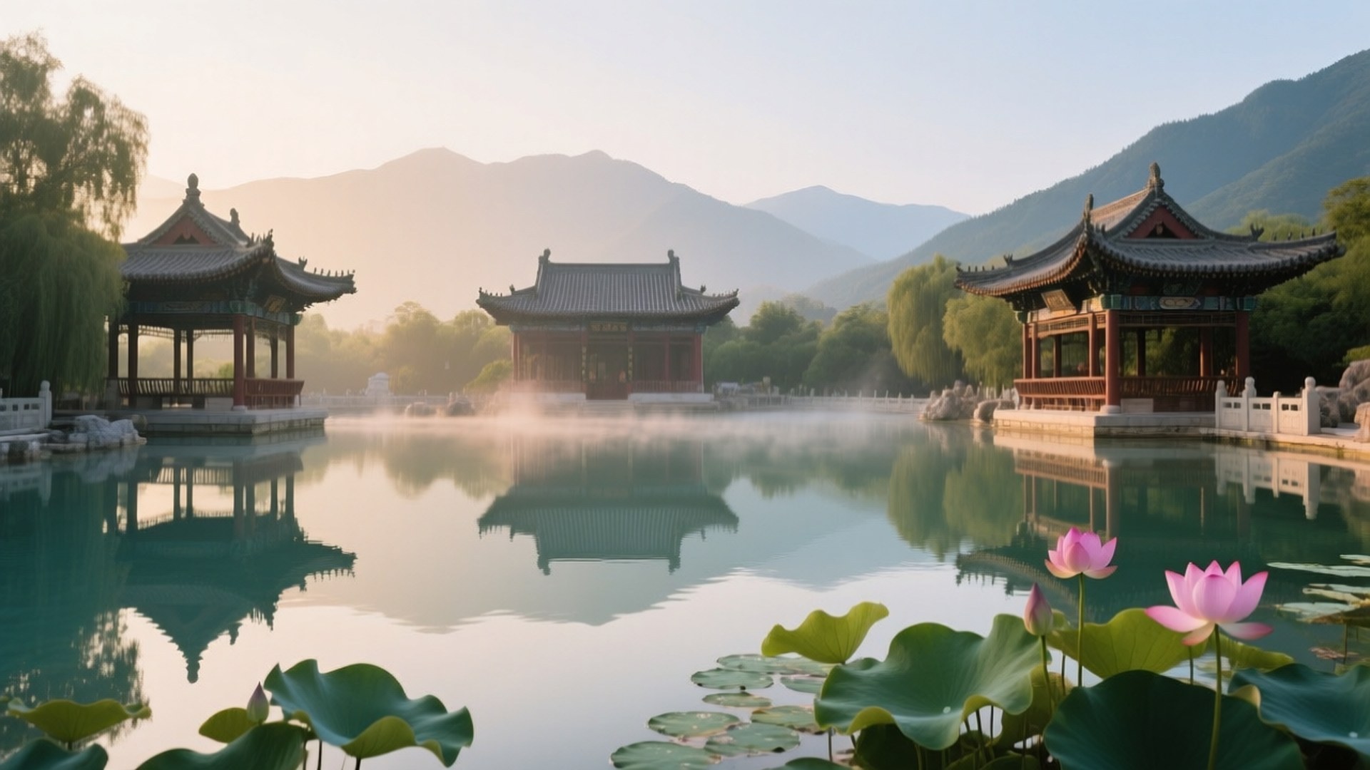 Reflections at Huaqing 壁紙 — 寧靜的中國亭閣倒映在平靜的碧綠水中，周圍環繞著霧氣繚繞的山巒和盛開的粉紅蓮花。